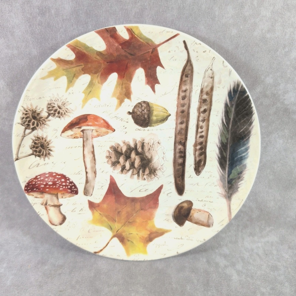 Pier 1 Imports Woodland Mushroom 8 3/4" Salad Plate Feather Pine Cones Leaves